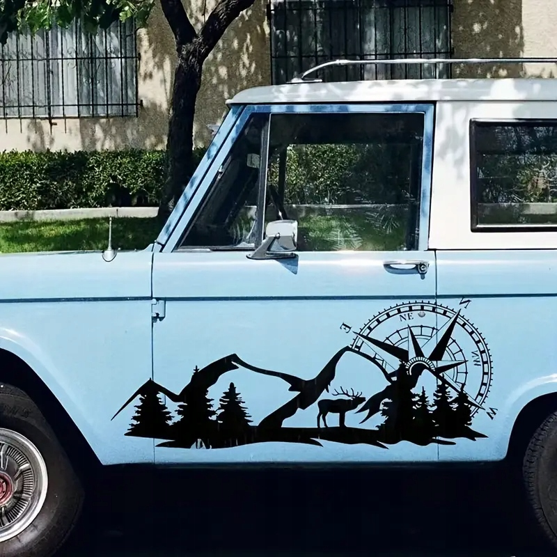 2X NAKLEJKA NA AUTO,KAMPERA,BUSA, RÓŻA WIATRÓW Z LASEM, ŁOSIEM 97X40
