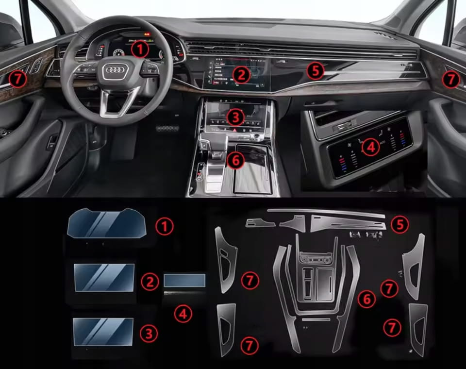 Folia Ochronna PPF do Wnętrza Audi Q7 Q8 2021-2024 Formatki Żel Gratis