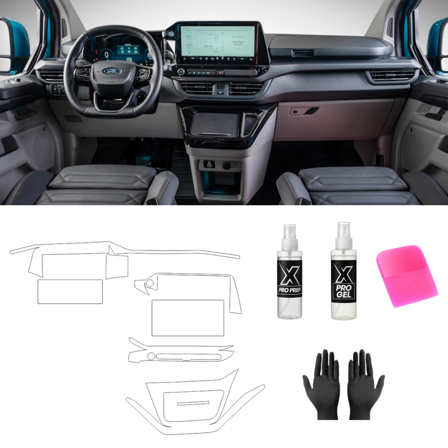 Ford Tourneo od 2023 Custom Titanium - 31.10.2025 FOLIA PPF DO WNĘTRZA PIANO BLACK EKRANY ZESTAW