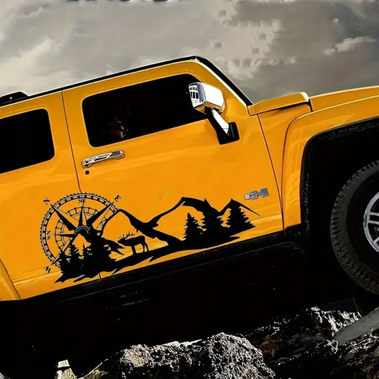 2X NAKLEJKA NA AUTO,KAMPERA,BUSA, RÓŻA WIATRÓW Z LASEM, ŁOSIEM 97X40