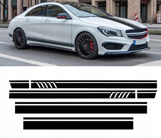 4xMERCEDES NAKLEJKI PASY TUNINGOWE NA BOK,MASKE,DACH W117 C117 X117 CLA AMG